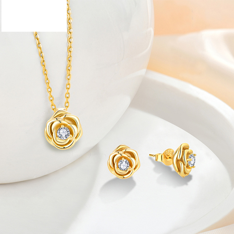 Set di gioielli da donna in argento Sterling S con orecchini e collana con ciondolo in zircone rosa dorato 14k._voghion.com
