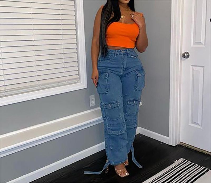 Women's new products hot selling trendy multi-pocket jeans washed overalls_voghion.com