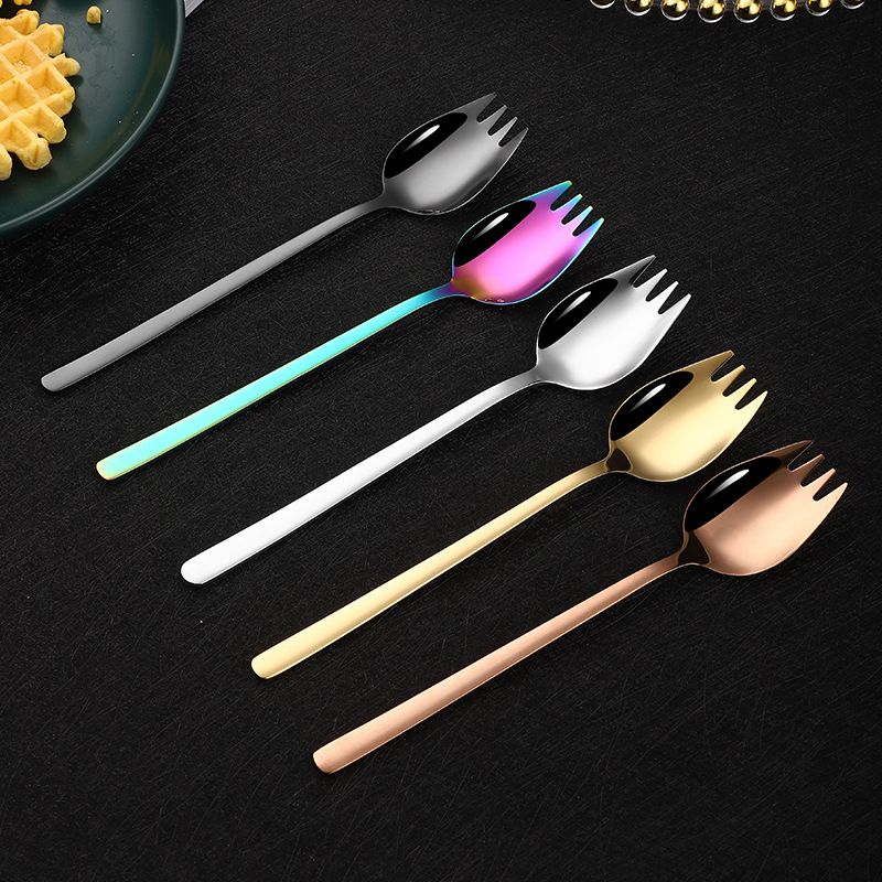 304 stainless steel Korean creative long handle fork integrated salad fruit pasta dessert spoon_voghion.com