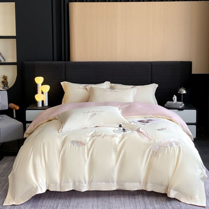​Bettwäscheset aus 100 % hautfreundlichem Baumwollflanell – 4-teiliger luxuriöser Bettbezug mit bestickten Federn, ultraweicher, gebürsteter Stoff, ganzjährig warm und gemütlich_voghion.com