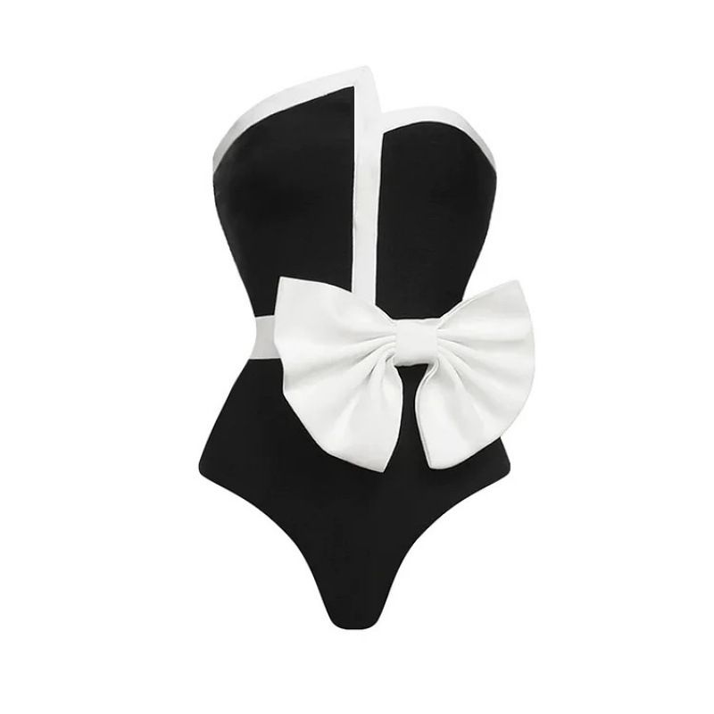 Black And White Color Blocked Women's Bow Strapless High-end Set One-piece Swimsuit_voghion.com