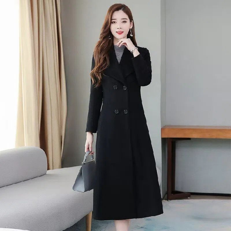 Women's Clothing Spring and Autumn New Wool Coat Women's Over the Knee Thickened Large Size Lapel Super Long Slim Waist Coat_voghion.com