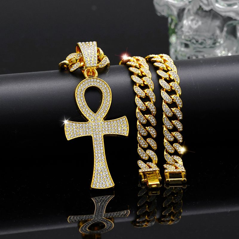 Pendentif croix irrégulière en forme de chaîne cubaine pour homme, style hip-hop, entièrement en diamants_voghion.com
