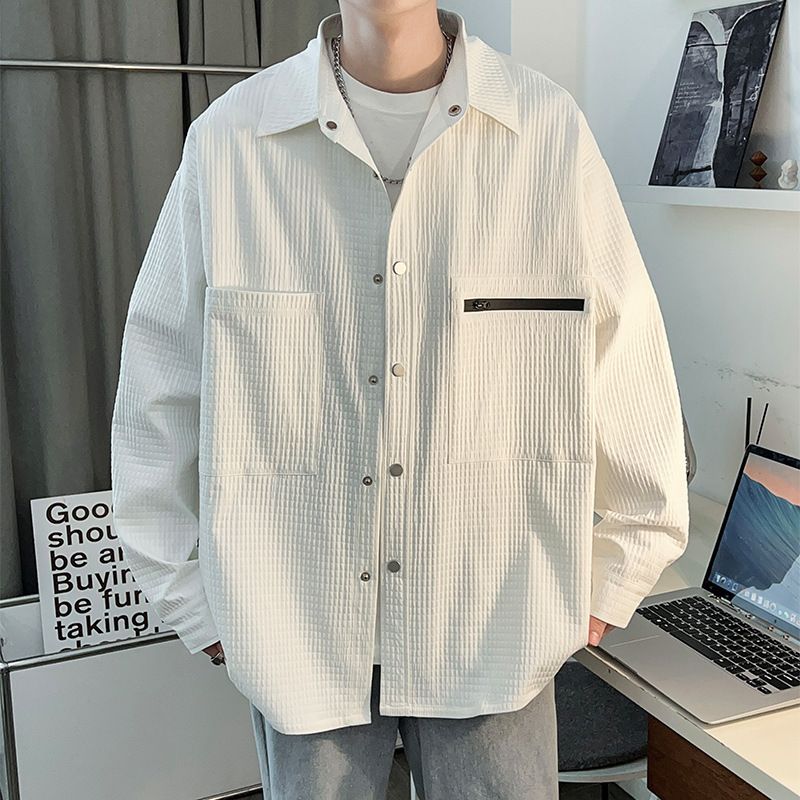 White long sleeved shirt for men's spring and autumn Hong Kong style loose oversized fashion brand ruffian handsome casual shirt jacket_voghion.com