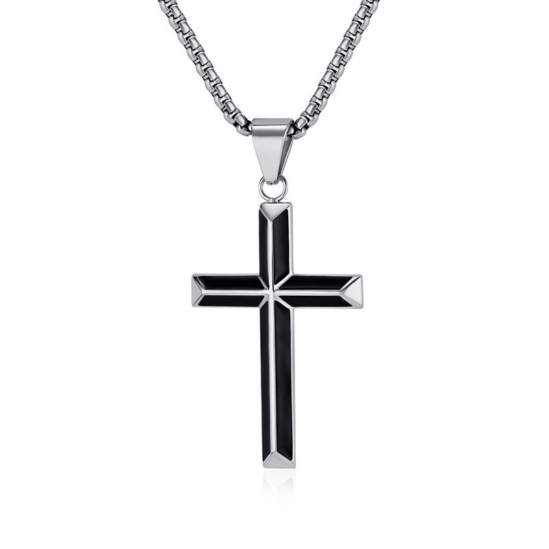 Collana con croce smussata a goccia d'olio in acciaio inossidabile, ciondolo in acciaio al titanio di qualità e personalità di nicchia_voghion.com