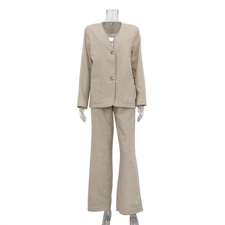 Vêtements pour femmes nouvelle mode couleur unie coton et lin costume col en V manteau ample taille haute pantalon large costume décontracté deux pièces_voghion.com