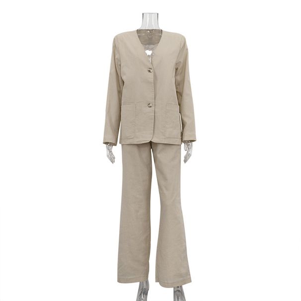 Vêtements pour femmes nouvelle mode couleur unie coton et lin costume col en V manteau ample taille haute pantalon large costume décontracté deux pièces_voghion.com