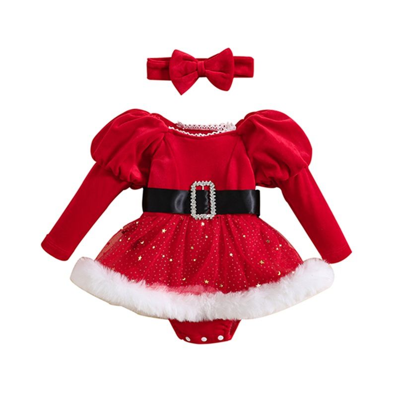 Vestido de Navidad de otoño/invierno para niños, falda envolvente de malla con estrellas para bebé + diadema_voghion.com