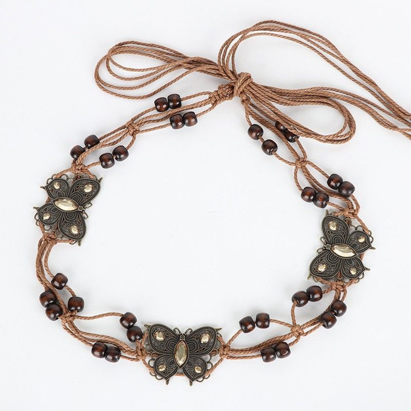 Damengürtel, böhmischer Gürtel, Damen-Taillenschmuck, Schmetterling, Strass, geknotet, ethnisch, handgefertigt, Holzperlen, lässig_voghion.com