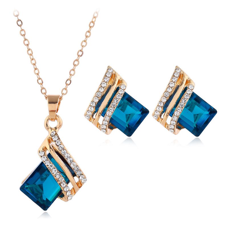 Jóias de casamento Presentes de noiva de cristal Quadrado Colar Brincos Conjunto de anéis 3 pçs Conjuntos de joias Noivas Mulheres Conjuntos de joias_voghion.com