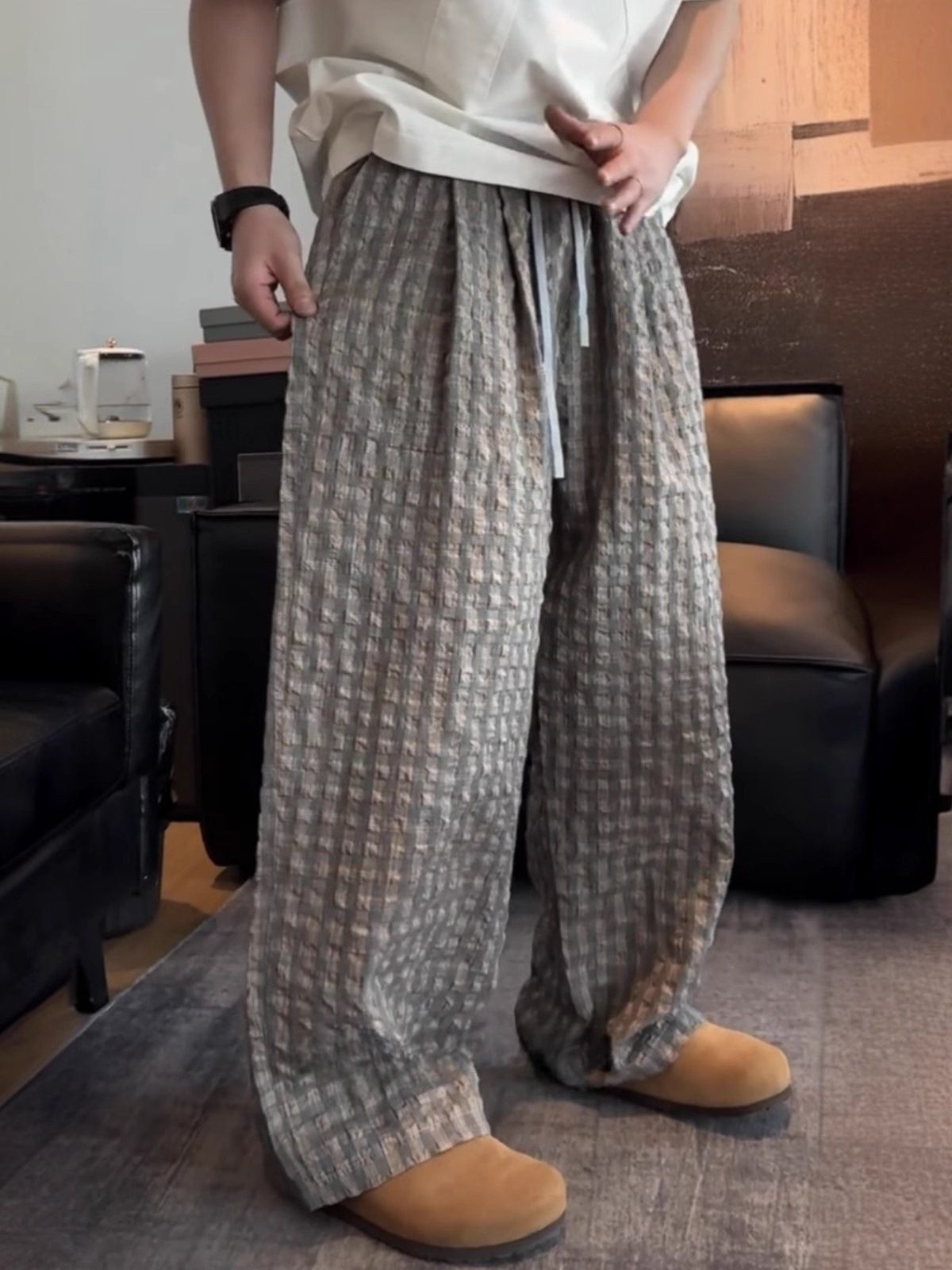 Herrenbekleidung Strukturierte Bubble Plaid Hose Sommer Dünn Drapiert Weites Bein Freizeithose Locker Atmungsaktiv Gerade Hose_voghion.com