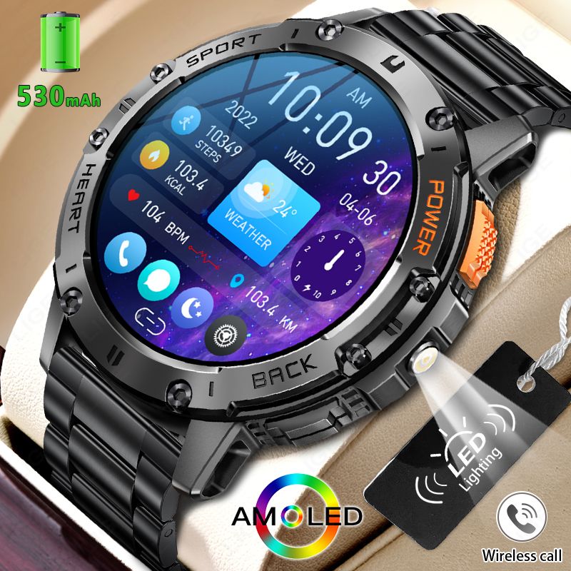 For Huawei Xiaomi New AMOLED Smart Watch Men With Flashlight Sports Waterproof Fiess Tracker Bluetooth Call Smartwatch_voghion.com