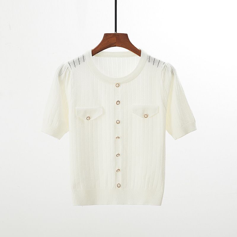 Îmbrăcăminte de vară pentru femei, tricou cu mânecă jumătate, tricotat, alb, cu burete interior, scurt, din mătase glazurată_voghion.com