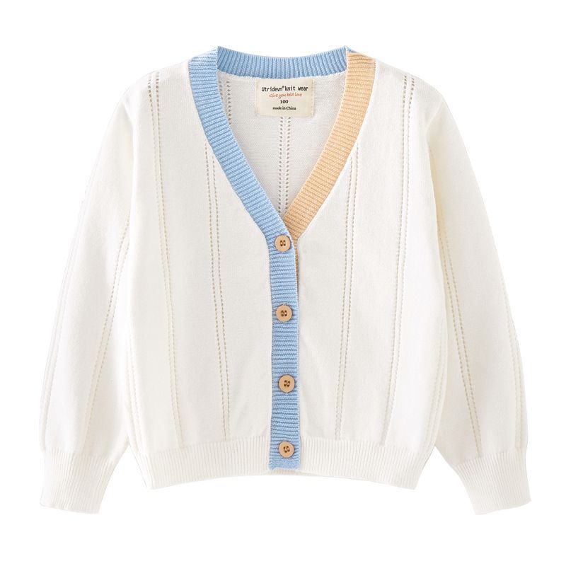 Frühling Mädchen Strickjacke Jacke Koreanische Baby V-ausschnitt Kontrast Farbe Baby Hohl Sonnencreme Klimaanlage Hemd Sommer Dünne_voghion.com