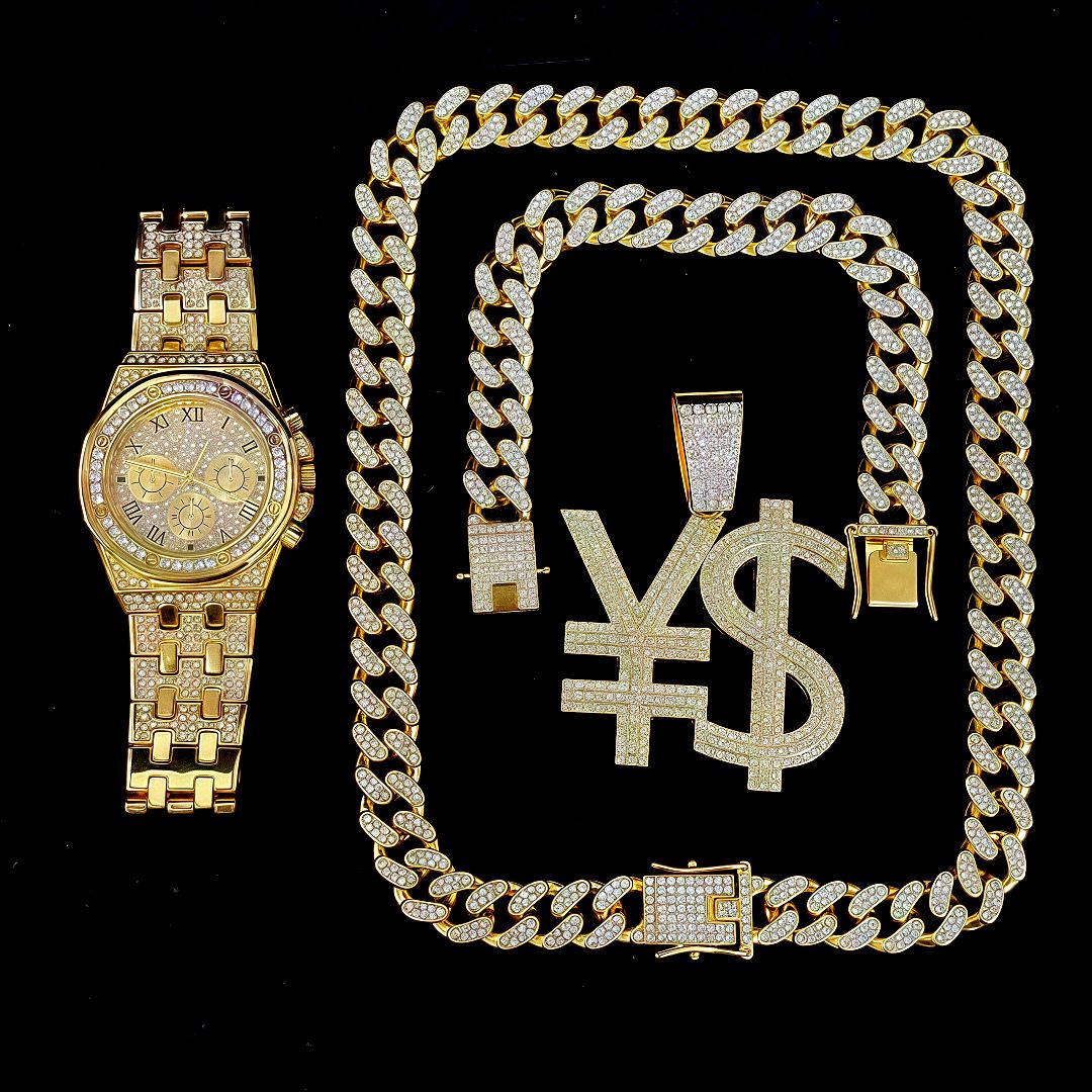 Men's Hip Hop Luxury Stainless Steel Watch Set With Cuban Link Chain & Diamond Pendant – Quartz Movement, Alloy Case, Fashion Statement_voghion.com