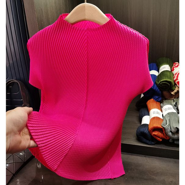 T-shirt à manches courtes et col montant pour femme, couleur unie, plissé, motif écailles de dragon, haut de gamme, polyvalent et amincissant_voghion.com