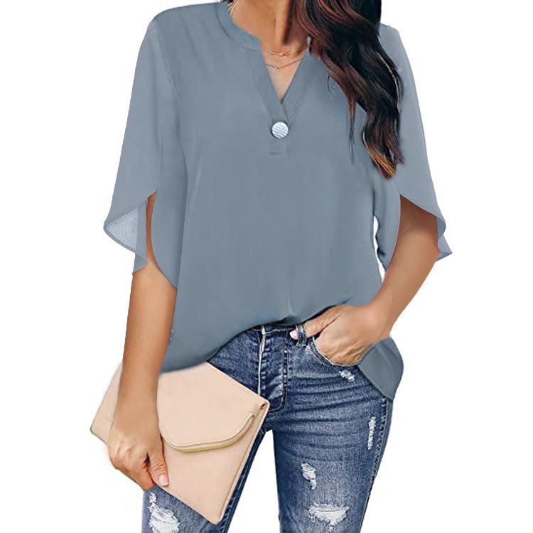 Camicetta da donna in chiffon con scollo a V, elegante, casual, tinta unita, a maniche corte, stile 2025_voghion.com