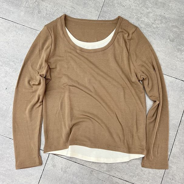 Damski dwuczęściowy top warstwowy z długim rękawem – miękka tkanina przypominająca wiskozę, dopasowany krój, uniwersalny, podstawowy element stylizacji codziennych i wiosennych_voghion.com