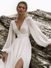 Elegant V-Neck Long Sleeve Chiffon Wedding Dress With Small Train – Boho Beach Bridal Gown For Photoshoot, Flattering High Waist(US2-26W, Ivory/White)_voghion.com