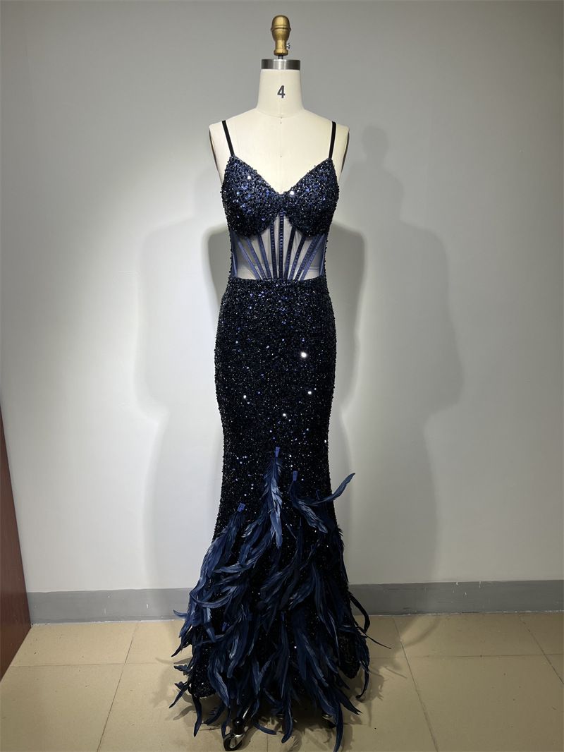 Damenbekleidung Glitzer Pailletten Sexy Perspektive Wunderschöner Federrock Hosenträgerkleid Luxus Party Dinner Kleid_voghion.com