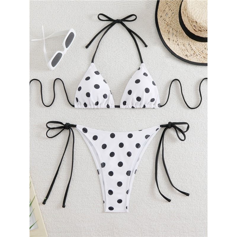 Damenbekleidung Neuer Retro-Badeanzug mit gepunktetem Neckholder-Bikini mit Schnürung und geteiltem Dreieck_voghion.com
