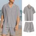 Completo casual da uomo in due pezzi, con pantaloncini a maniche corte e camicia con risvolto tinta unita_voghion.com