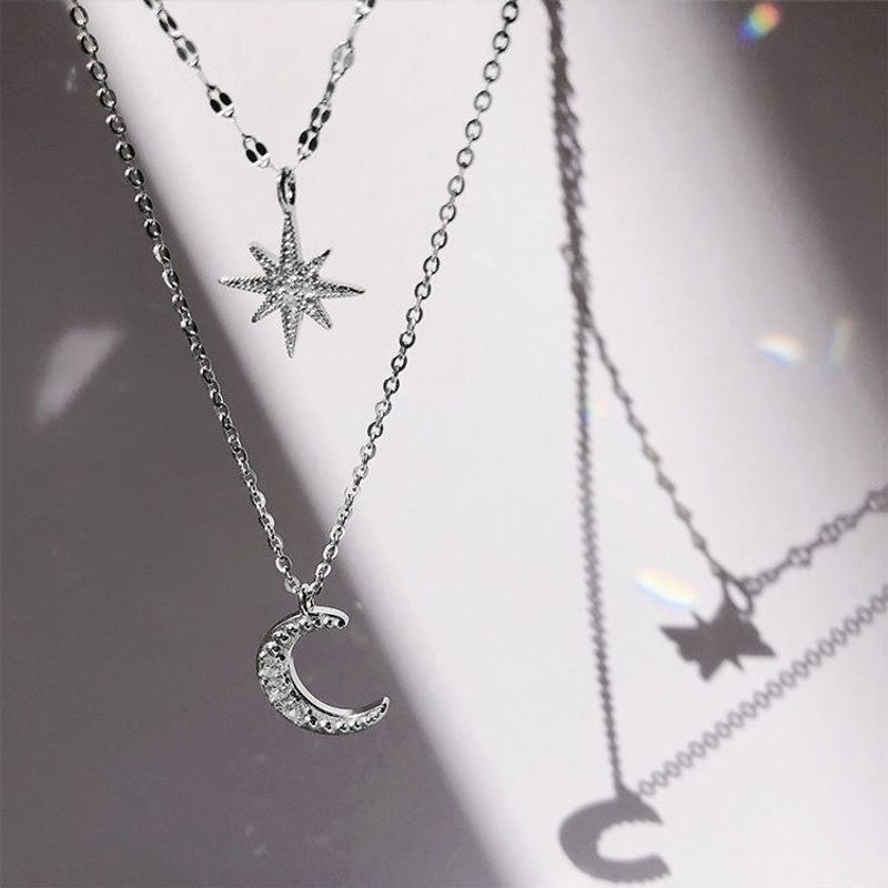 Korean version of Instagram Silver Sparkling Diamond Women's Double layered Octagonal Moon Necklace Unusual Collar Chain_voghion.com