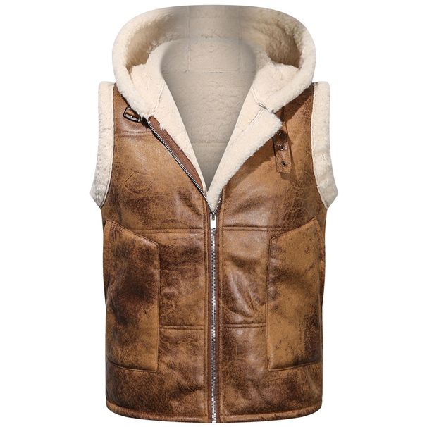 Men's Fleece-Lined Thickened Leather Vest With Hood For Cold Protection, Oversized Lambswool Cotton Vest, Trendy_voghion.com