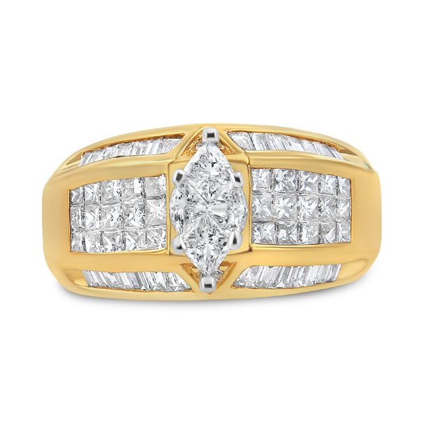 14K Yellow and White Gold 1 3/4 Cttw Round, Baguette, Princess and Pie-Cut Diamond Ring (H-I Color, SI1-SI2 Clarity)_voghion.com
