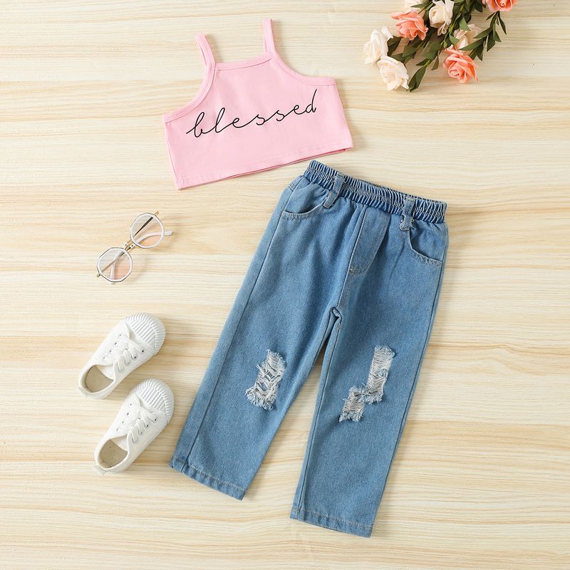 Baby Clothing Children's printed top washed denim trend suit_voghion.com