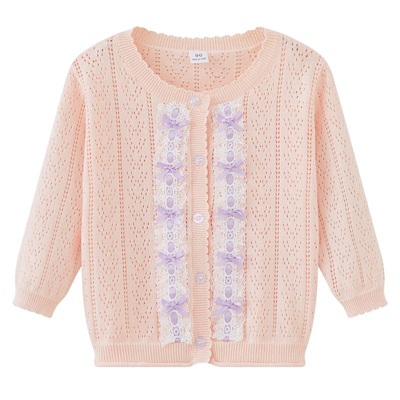 Strickcardigan mit Spitzenbesatz für Babys und Mädchen – Leichter Überwurf aus 90 % Baumwolle (66–140 cm, Weiß-Rosa/Rosa-Violett, Sicherheitsklasse B)_voghion.com