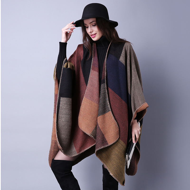 Autumn and Winter Scarves Versatile Plaid Women's Travel Shawl Cashmere Ethnic Style Split Thickened Cloak_voghion.com