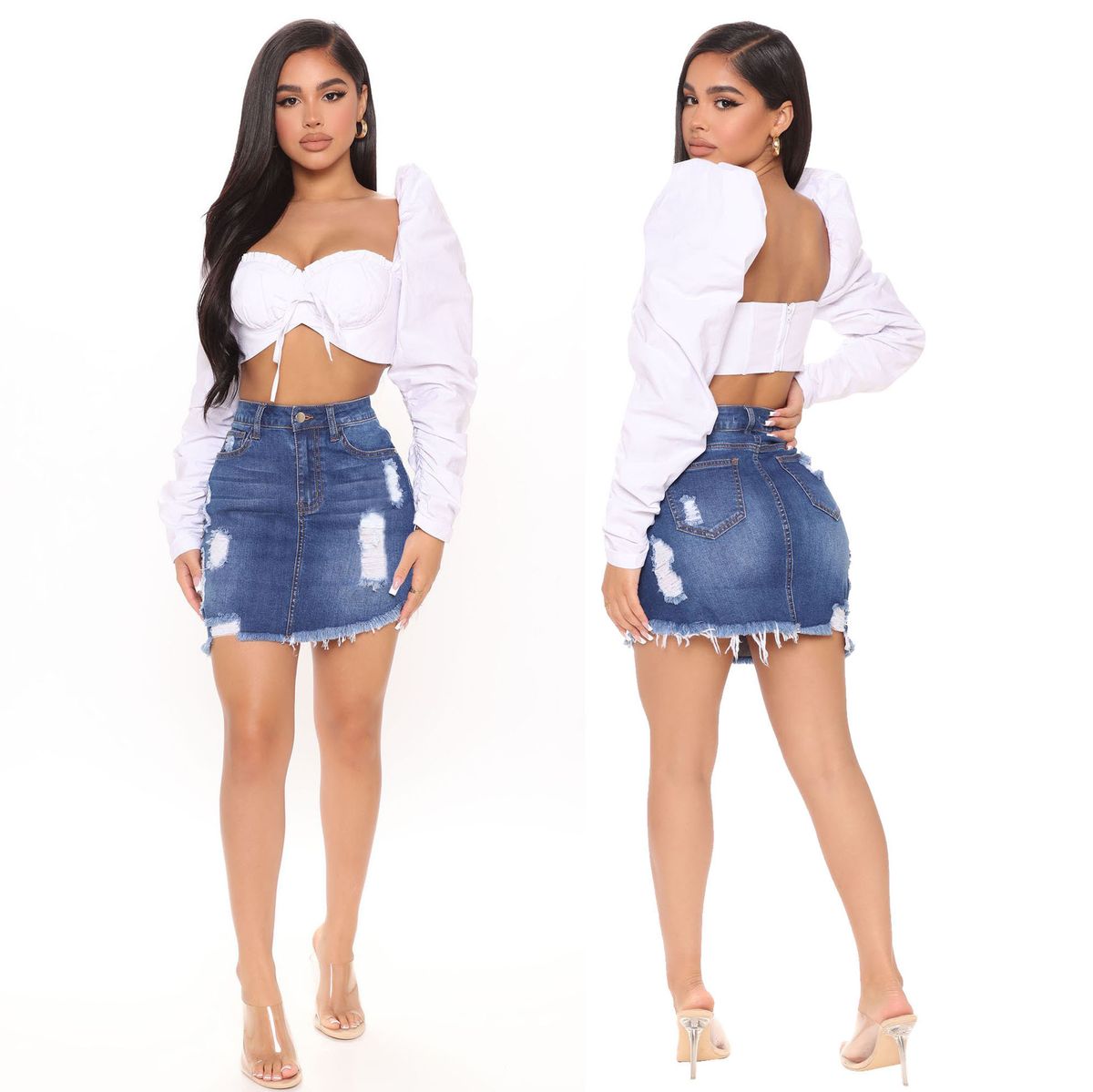 Gonna in denim irregolare a vita alta con bordo grezzo, sexy e versatile, indossata a mano da donna_voghion.com