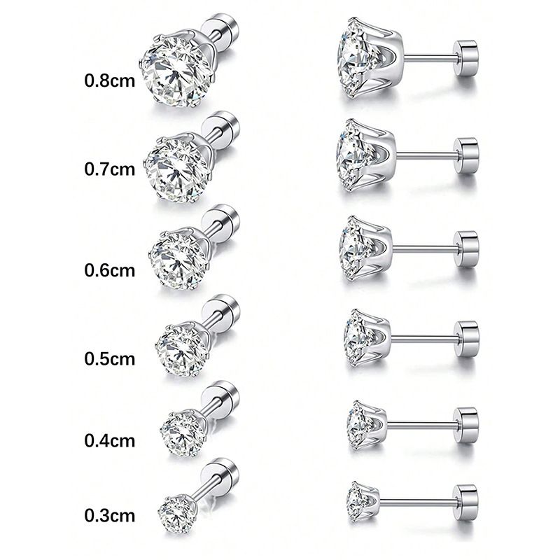 Set di orecchini in acciaio inossidabile di alta qualità con zirconi - 6 paia di orecchini ipoallergenici per uomo e donna, design geometrico minimalista (3-8 mm)_voghion.com