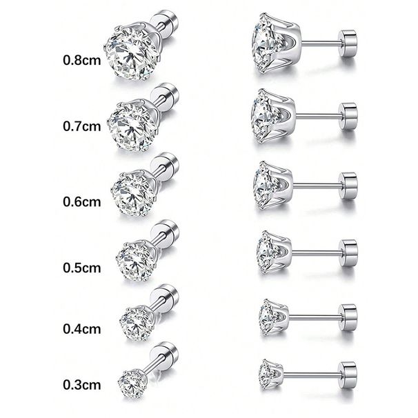 Set di orecchini in acciaio inossidabile di alta qualità con zirconi - 6 paia di orecchini ipoallergenici per uomo e donna, design geometrico minimalista (3-8 mm)_voghion.com