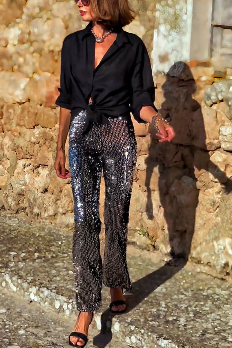 Women's Clothing Sequin Flared Trousers Casual Fashion Beaded Party Slim _voghion.com