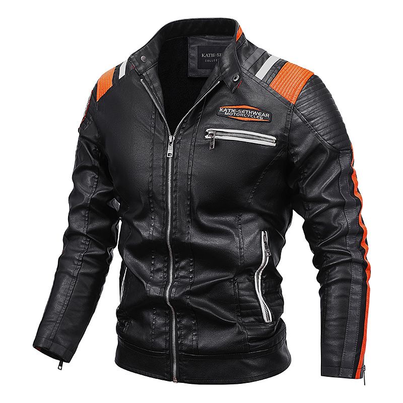 Lederjacke im Motorradstil für Herren, Winterjacke mit Fleecefutter, lässiger und vielseitiger Herrenmantel aus PU-Leder, Stehkragenjacke_voghion.com