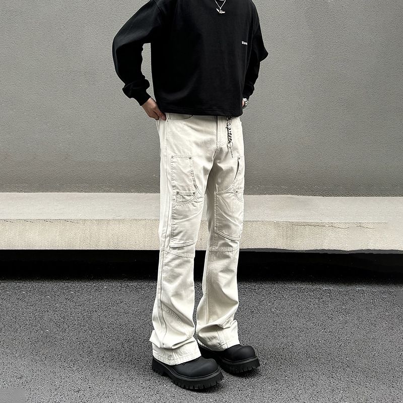 Jean cargo slim blanc délavé pour homme, modèle tendance Y2K, multi-poches, style coréen décontracté, en coton, collection 2025_voghion.com