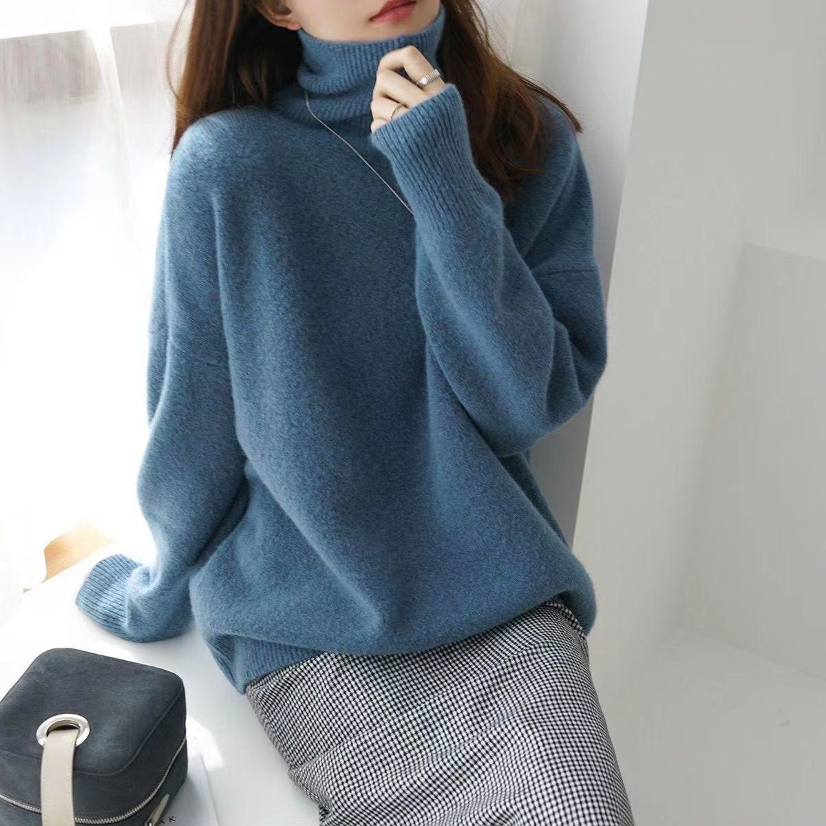 Übergroßer Strickpullover mit hohem Kragen für Damen – dicker, warmer Pullover, Tunika, Langarmoberteil für Herbst und Winter (in 8 Farben erhältlich)_voghion.com