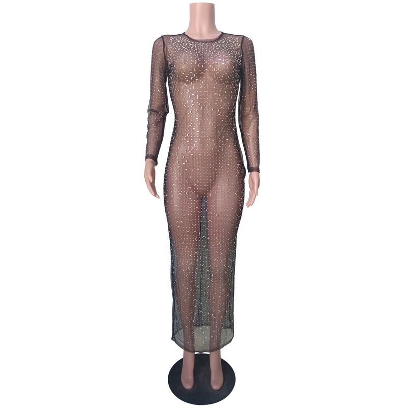 Damenbekleidung Sexy Hot Diamond Bluse Mesh Langarm Schlitz Kleid_voghion.com