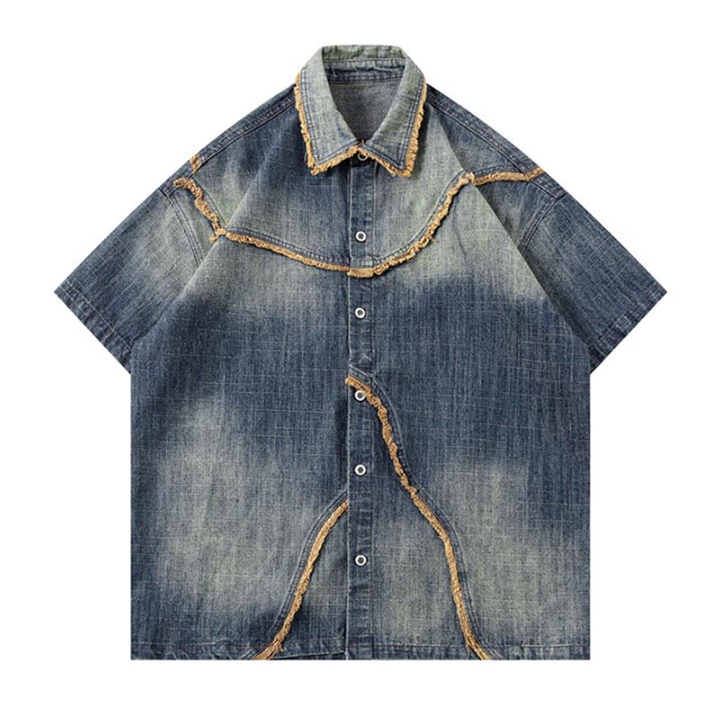 Vintage Hip Hop Streetwea Jeans Shirts Washed Patchwork Loose Button Up Blouse For Male_voghion.com