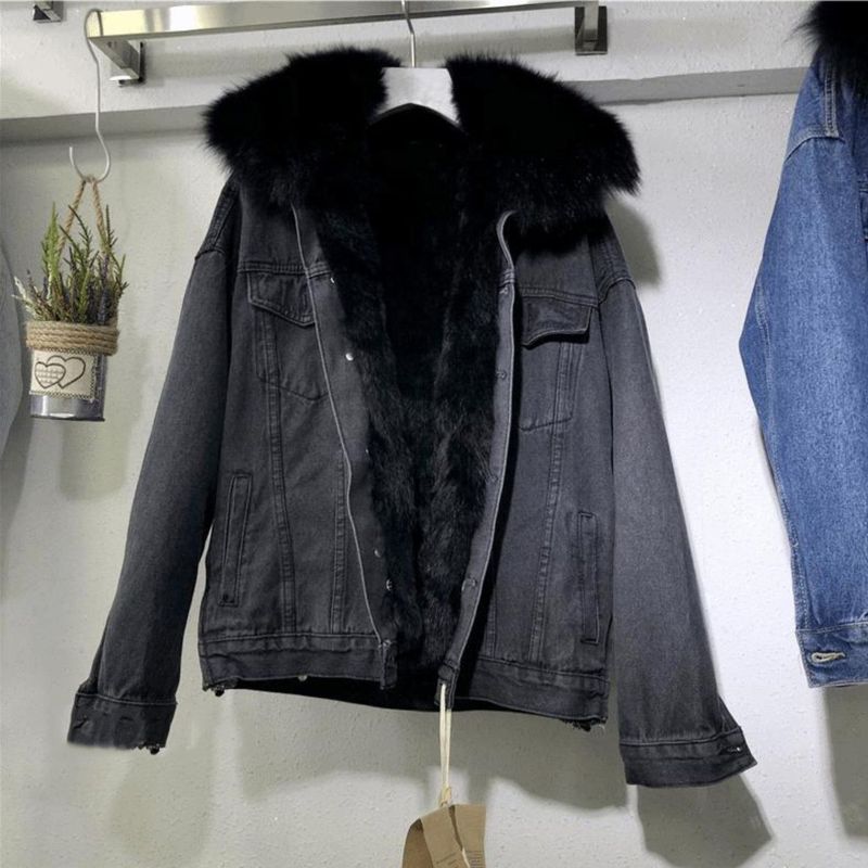 Jachetă denim cu guler mare de blană pentru femei, scurtă de iarnă coreeană, nouă, versatilă, lejeră, plus catifea, îngroșată, din bumbac, îmbrăcăminte pentru femei_voghion.com