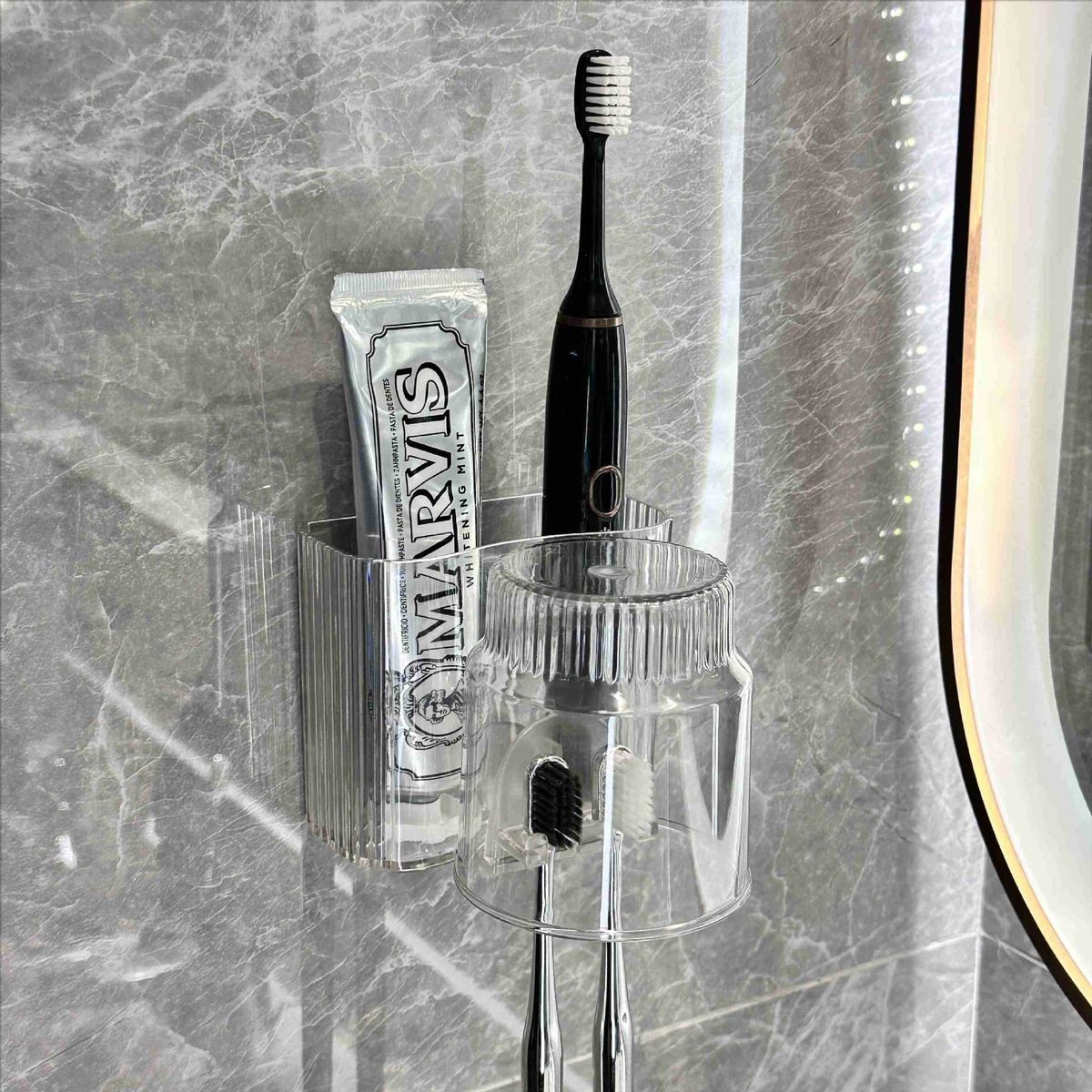 PET Light Lüks Tutucu Delme Gerektirmeyen Ağız Suyu Bardağı Elektrikli Diş Fırçası Çift Duvara Monte Diş Macunu Rafı_voghion.com