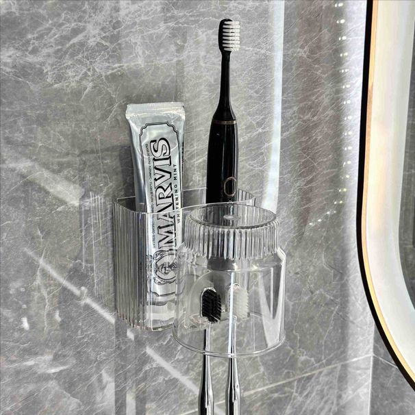 PET Light Lüks Tutucu Delme Gerektirmeyen Ağız Suyu Bardağı Elektrikli Diş Fırçası Çift Duvara Monte Diş Macunu Rafı_voghion.com