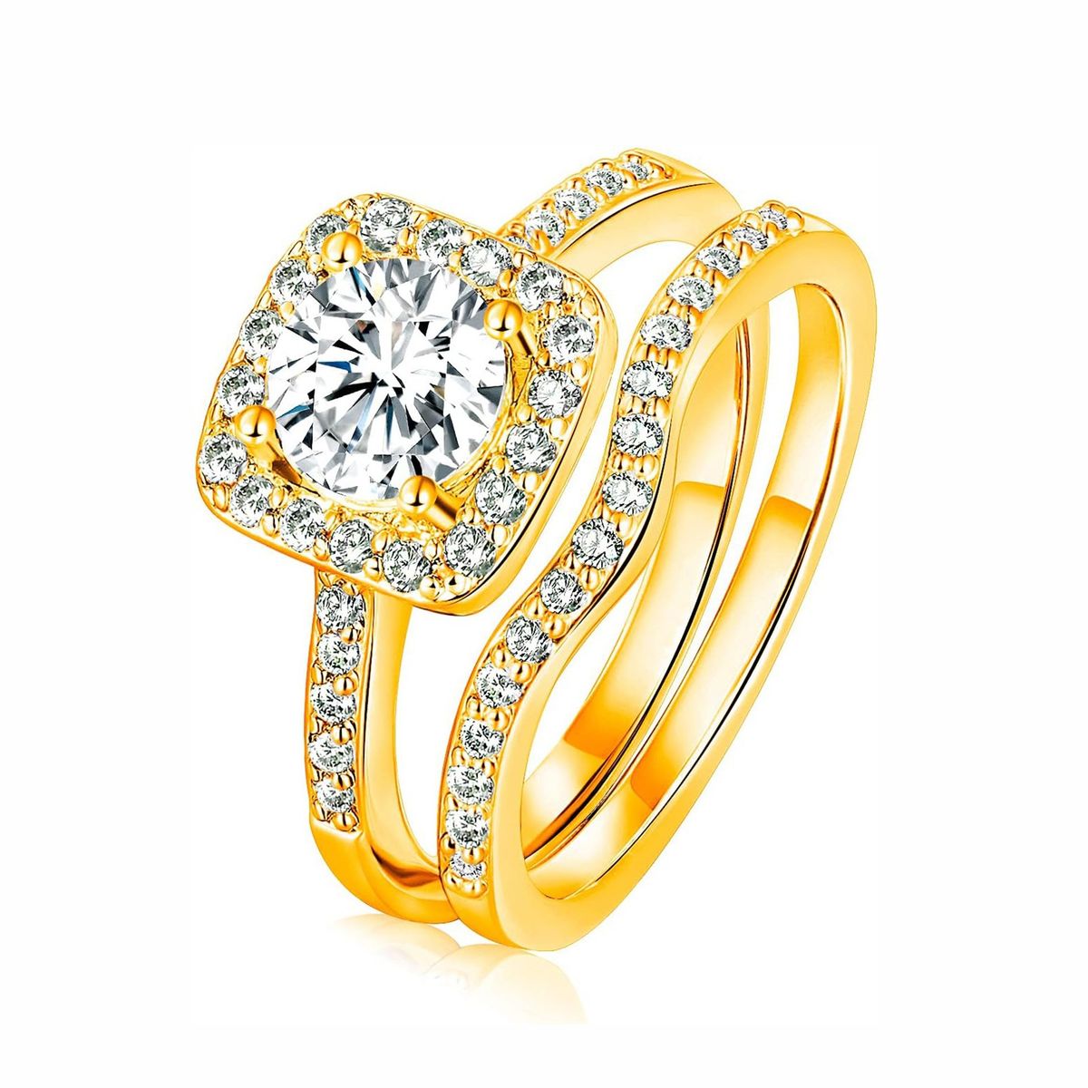 Ensemble de 3 bagues carrées empilables en zircon doré pour femme, élégantes et minimalistes, à superposer au quotidien, légères et luxueuses._voghion.com