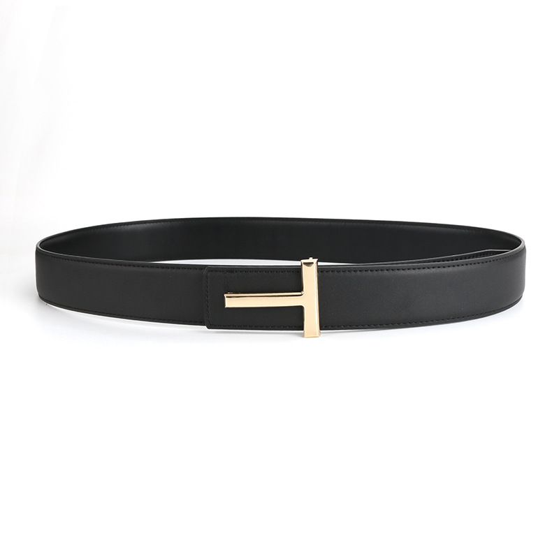 Cintura da uomo in vera pelle con bottone a T in streaming live, casual, versatile, business_voghion.com