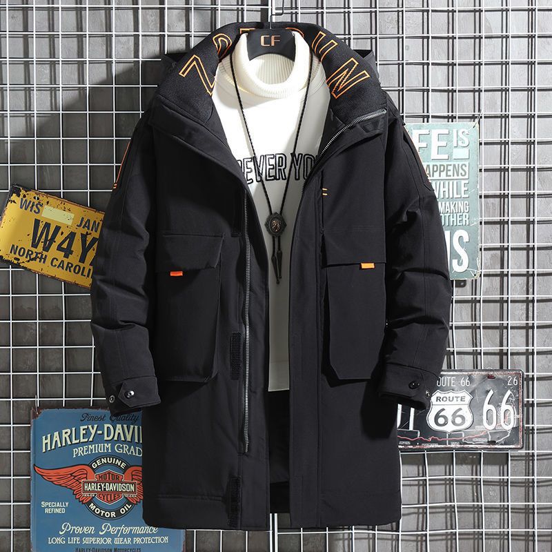 Herrenbekleidung Langer Wintermantel Mit Kapuze, Winddichte Stehkragenjacke Für Jugendliche, Leichter Warmer Parka, Arbeitskleidungsstil Mit Mehreren Taschen, Blau/Schwarz_voghion.com