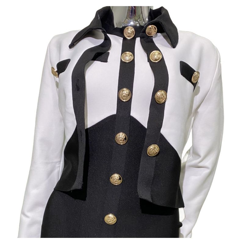 Damenbekleidung Herbst- und Wintermode, farblich passender Bandage-Anzug mit Metallknöpfen, Strickjacke, Jacke + ärmelloses Kleid in Schwarz und Weiß_voghion.com