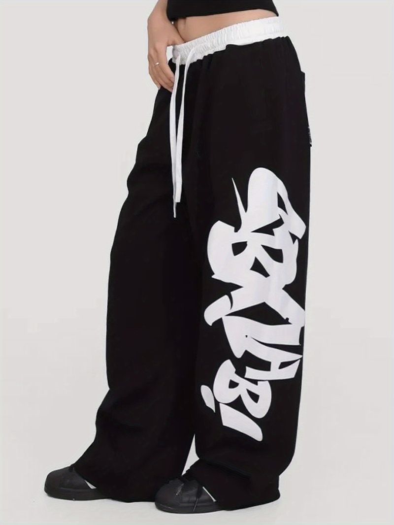 ​​Damen New Y2K Fashion Letter Print Schwarz Lässige Jogginghose mit elastischer Taille Gerades Bein Bequeme Passform​​ S-XL_voghion.com