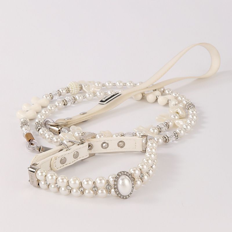 Collier perlé en corde métallique pour petit chien et chat, avec grandes perles et diamants décoratifs_voghion.com